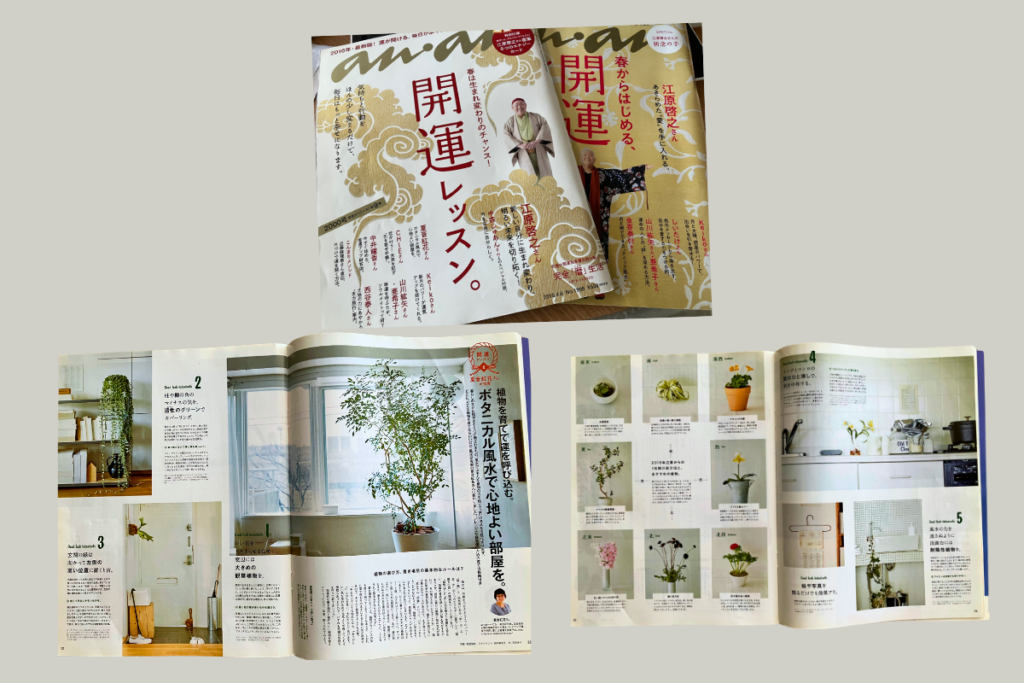 魂のご縁結び™カウンセラー名都王紅伽が風水監修した、雑誌anan開運レッスン号1998号　レッスン2「ボタニカル風水で心地よい部屋を」ボタニカル風水というワードは、この記事で初めて世に出ました。